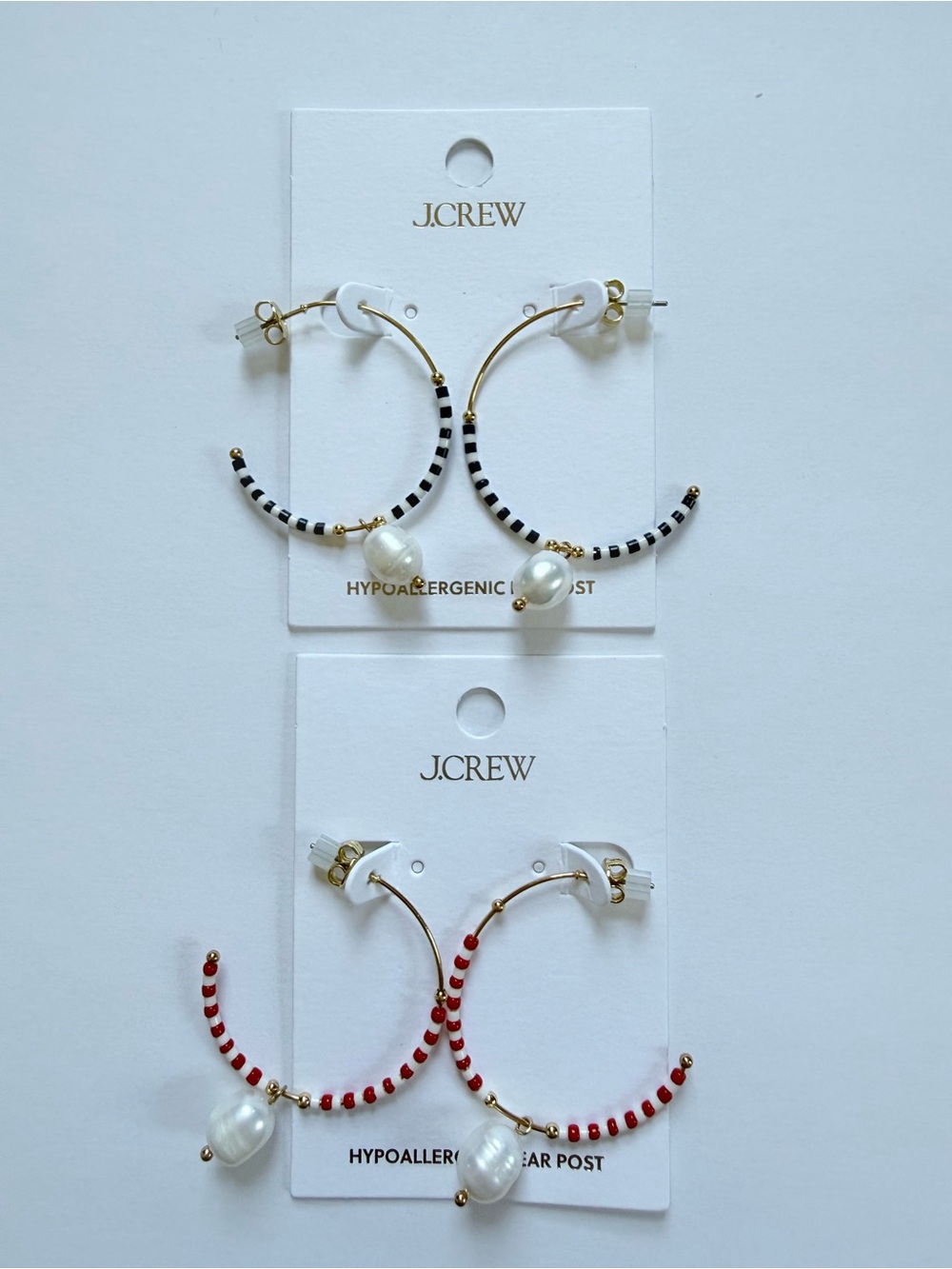 NWT Both-  J.Crew Navy Striped Bead Hoop Earrings with Pearl Charm - Navy & Red